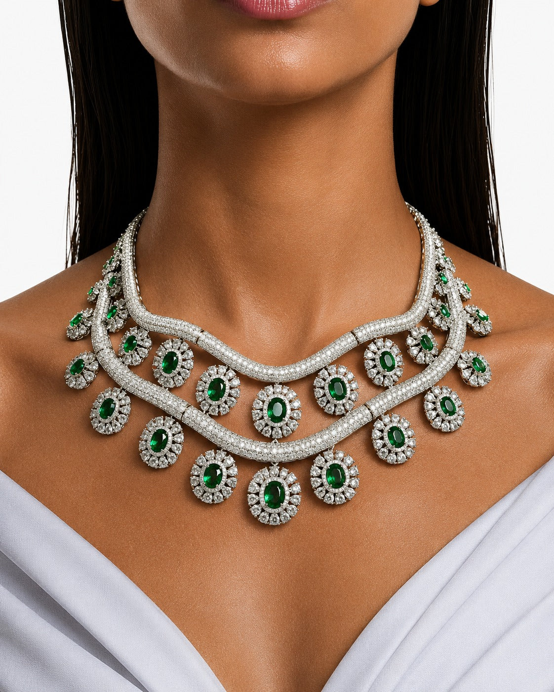Areeba Emerald Diamond-Like Zircon with Floral Halo Statement Necklace Set – Necklace & Earrings