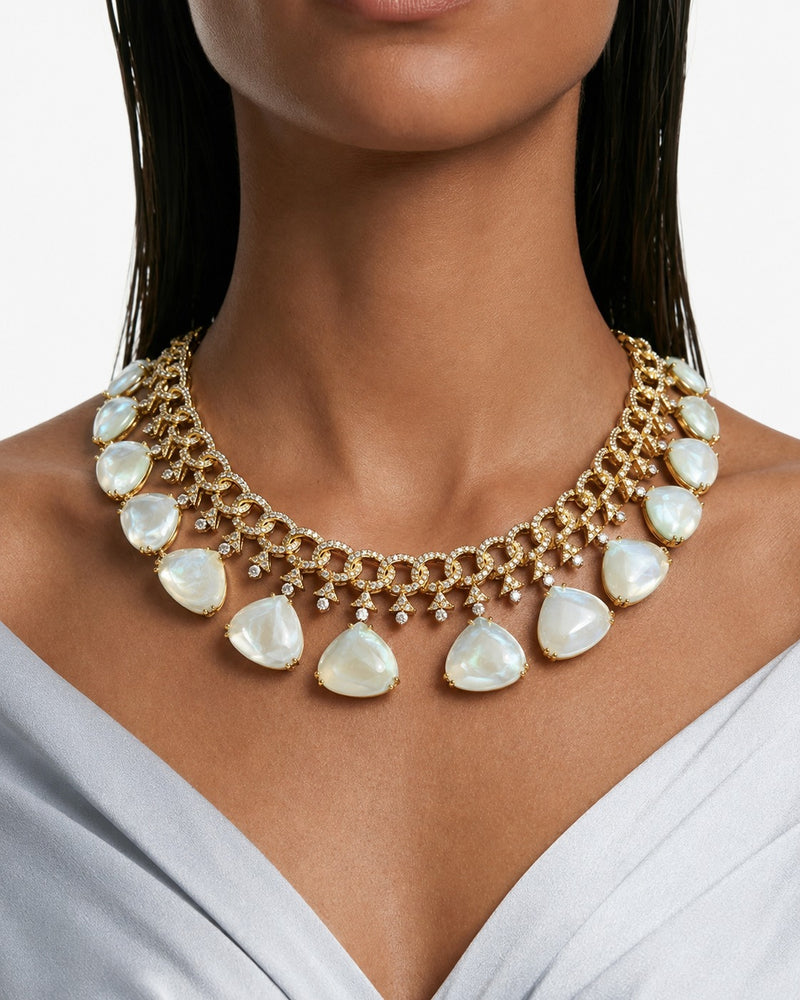 Elina Gold-Tone Diamond-Like Zircon with Ivory Teardrop Statement Necklace Set – Necklace & Earrings