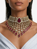 Zarmin Ruby & Moissanite Polki Kundan with Zircon Diamond Detailing Bridal Choker Set – Necklace & Earrings