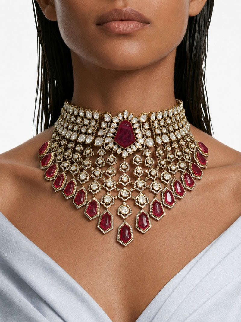 Zarmin Ruby & Moissanite Polki Kundan with Zircon Diamond Detailing Bridal Choker Set – Necklace & Earrings