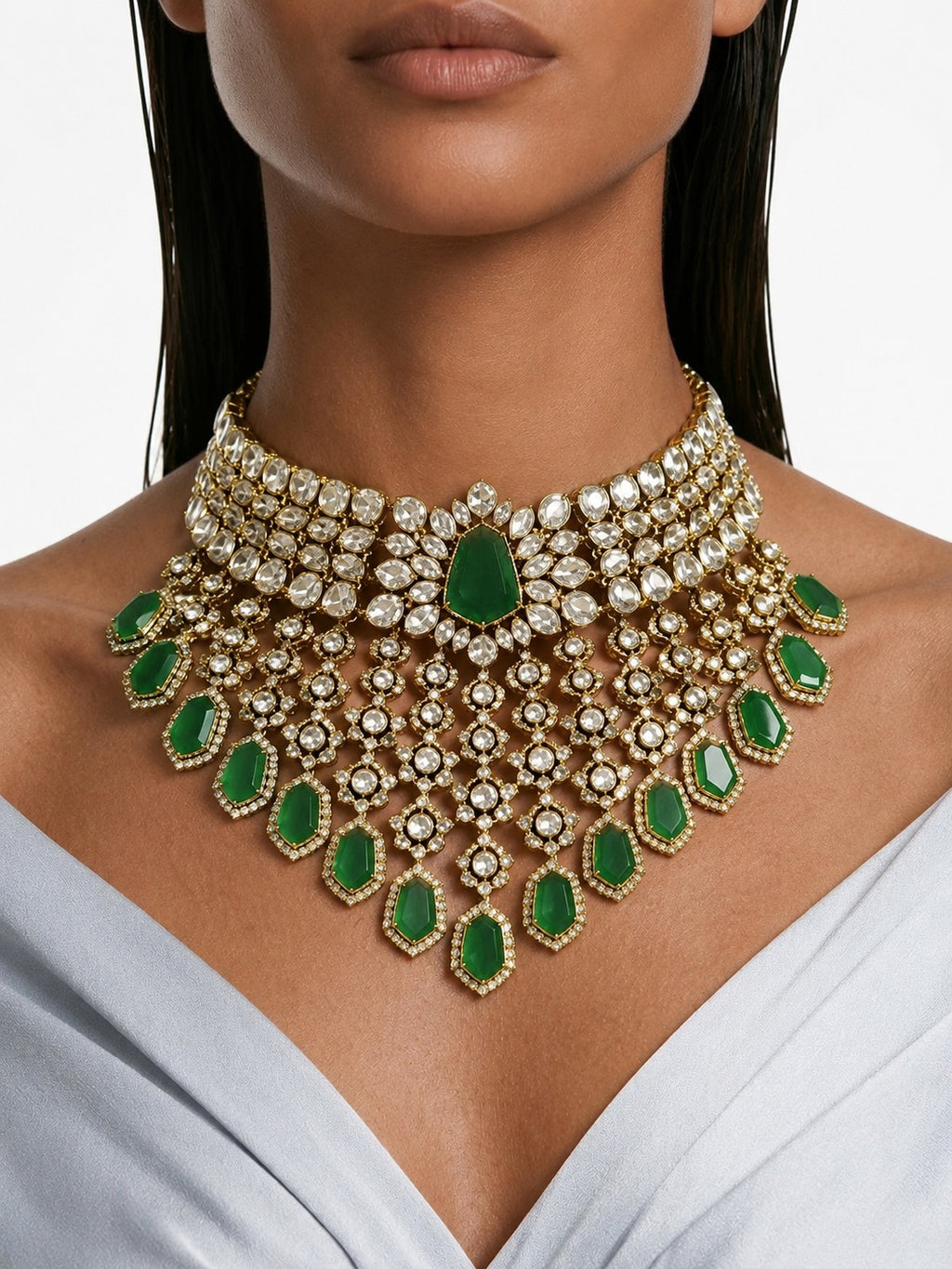 Zarmin Emerald & Moissanite Polki Kundan with Zircon Diamond Detailing Bridal Choker Set – Necklace & Earrings