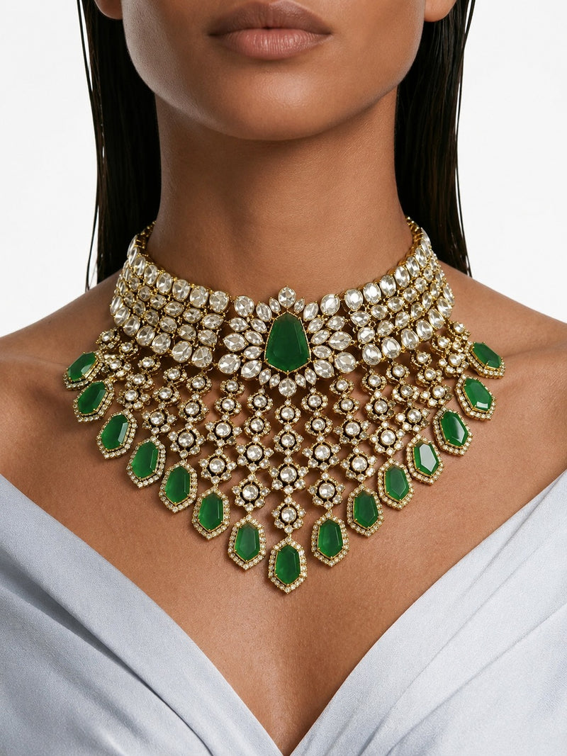 Zarmin Emerald & Moissanite Polki Kundan with Zircon Diamond Detailing Bridal Choker Set – Necklace & Earrings
