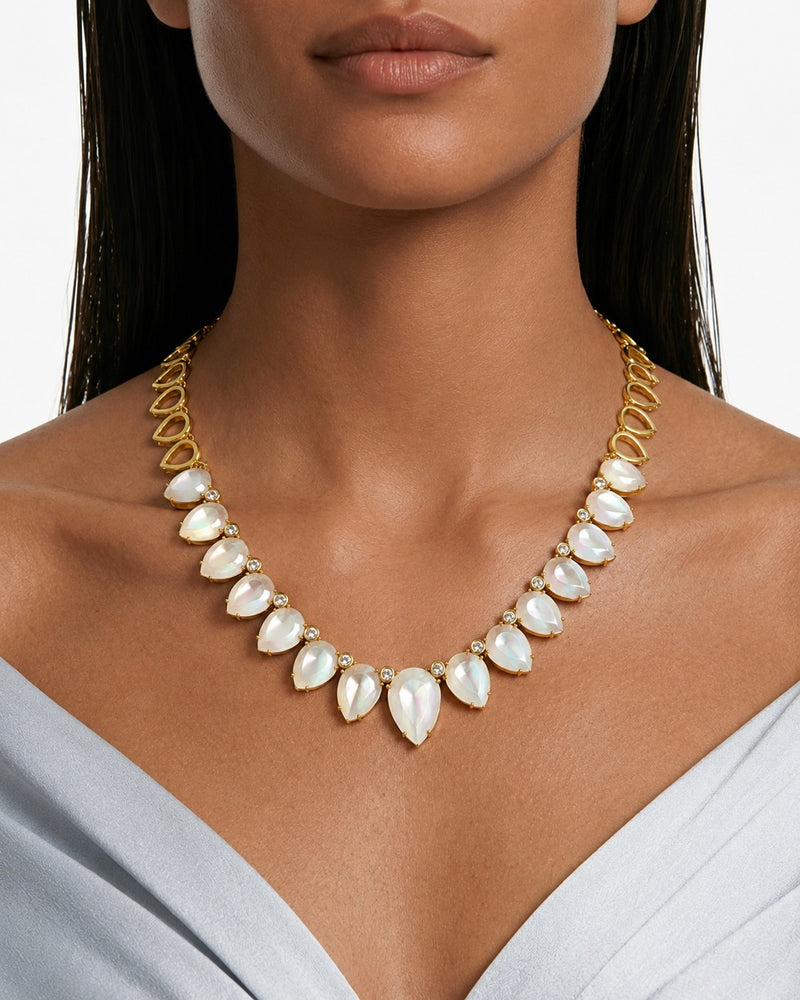 Nayra Gold-Tone Diamond-Like Zircon with Ivory Leaf Petal Statement Necklace Set – Necklace & Earrings