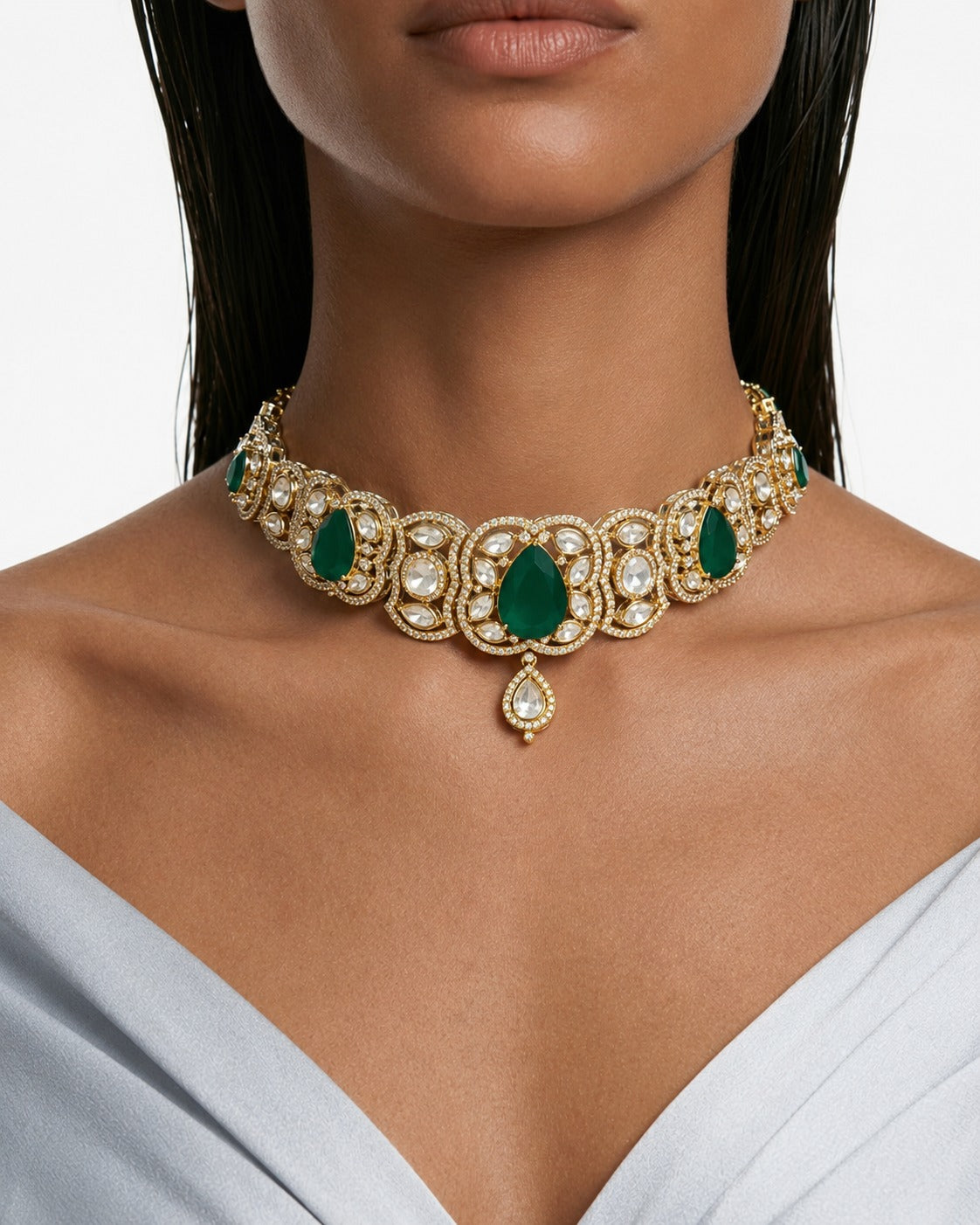 Mahveen Emerald & Moissanite Polki Kundan with Zircon Diamond Detailing Choker Set – Necklace & Earrings