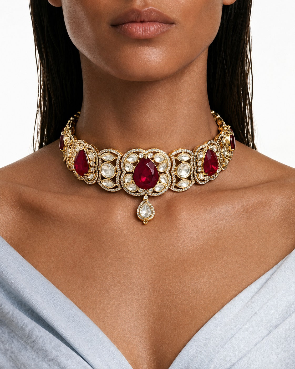 Mahveen Ruby & Moissanite Polki Kundan with Zircon Diamond Detailing Choker Set – Necklace & Earrings