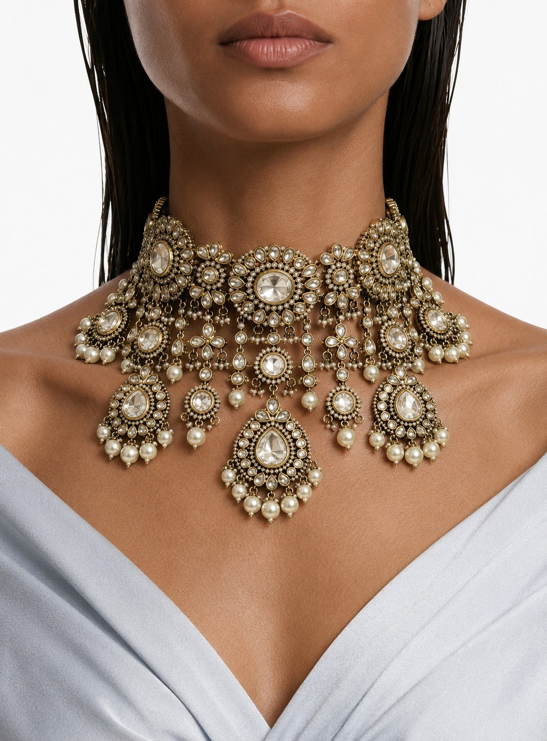 Mehr Pearls & Moissanite Polki Kundan with Zircon Diamond Detailing Statement Necklace Set – Necklace & Earrings