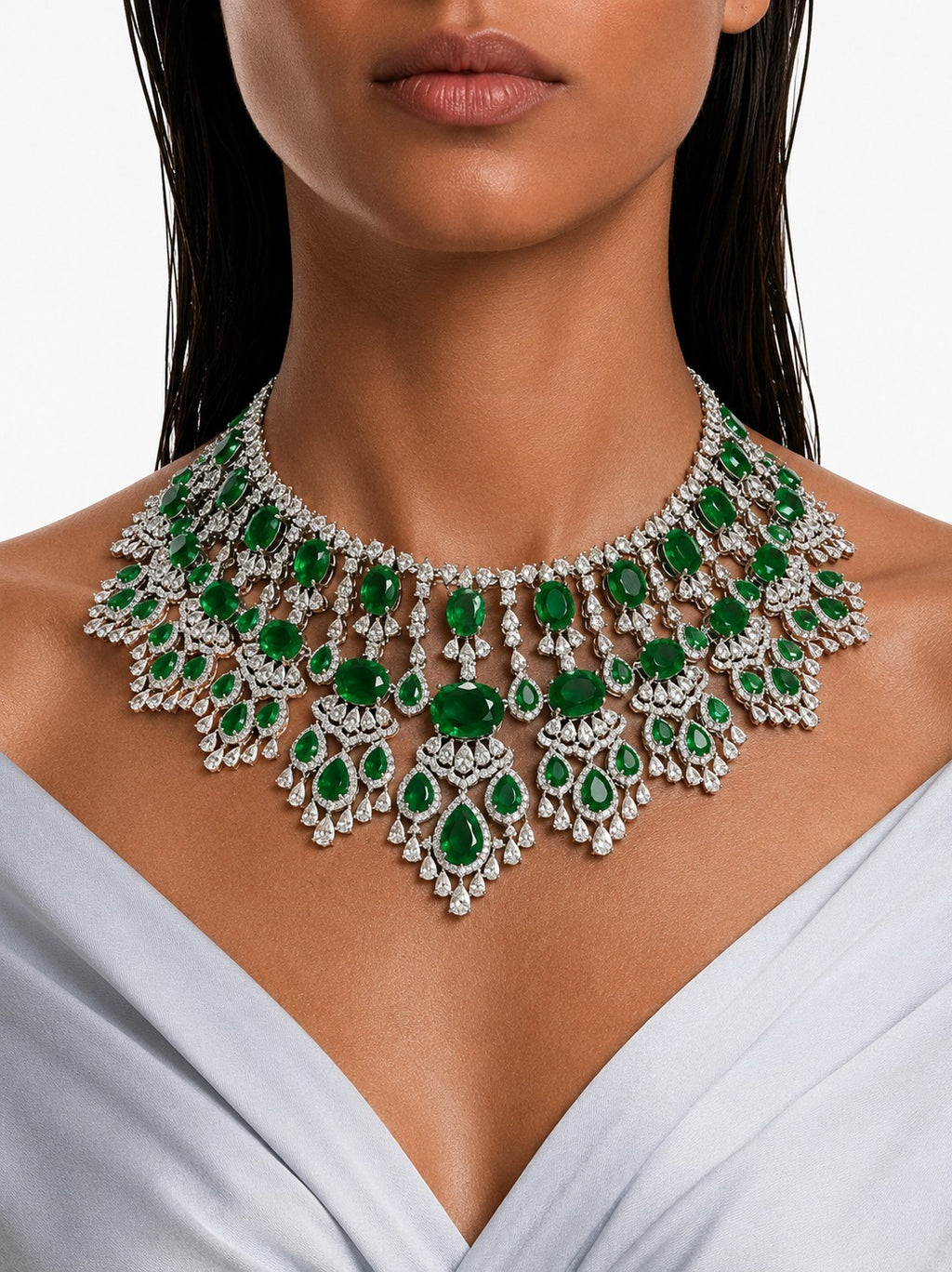Mahnoor Emerald & Diamond-Like Zircon Diamond Detailing Statement Necklace Set – Necklace & Earrings