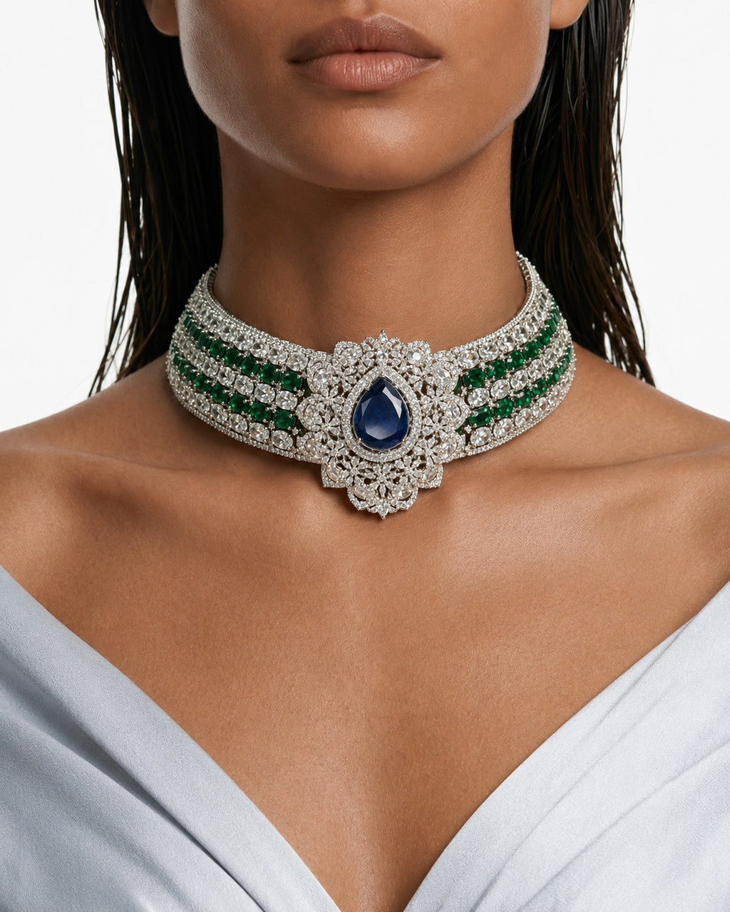 Zoya Diamond-Like Zircon with Emerald & Sapphire Statement Choker Set (Necklace & Earrings)