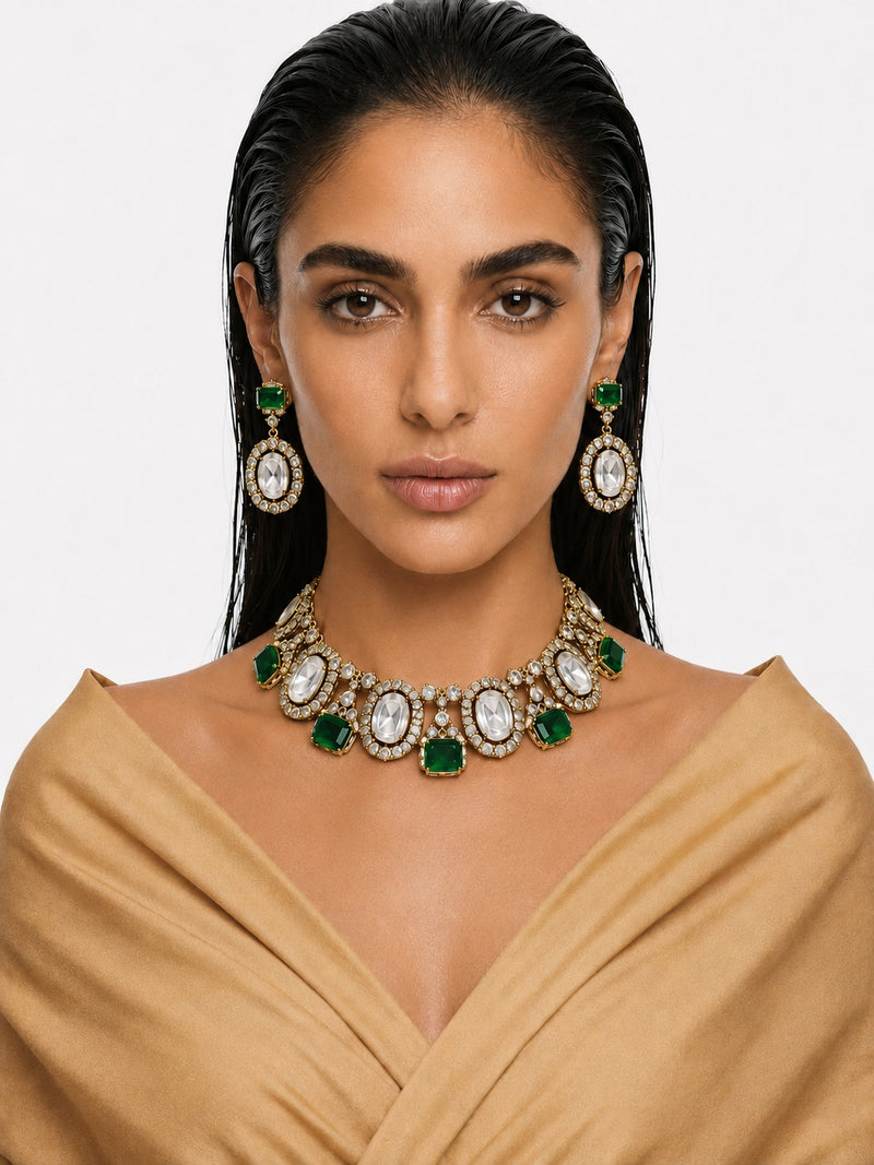Rouhiya Emerald & Moissanite Polki Kundan with Zircon Diamond Detailing Statement Necklace Set – Necklace & Earrings