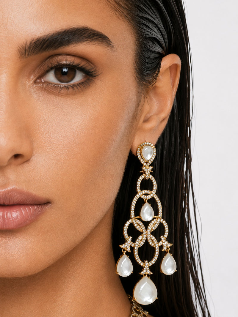 Elina Gold-Tone Diamond-Like Zircon with Ivory Teardrop Statement Necklace Set – Necklace & Earrings
