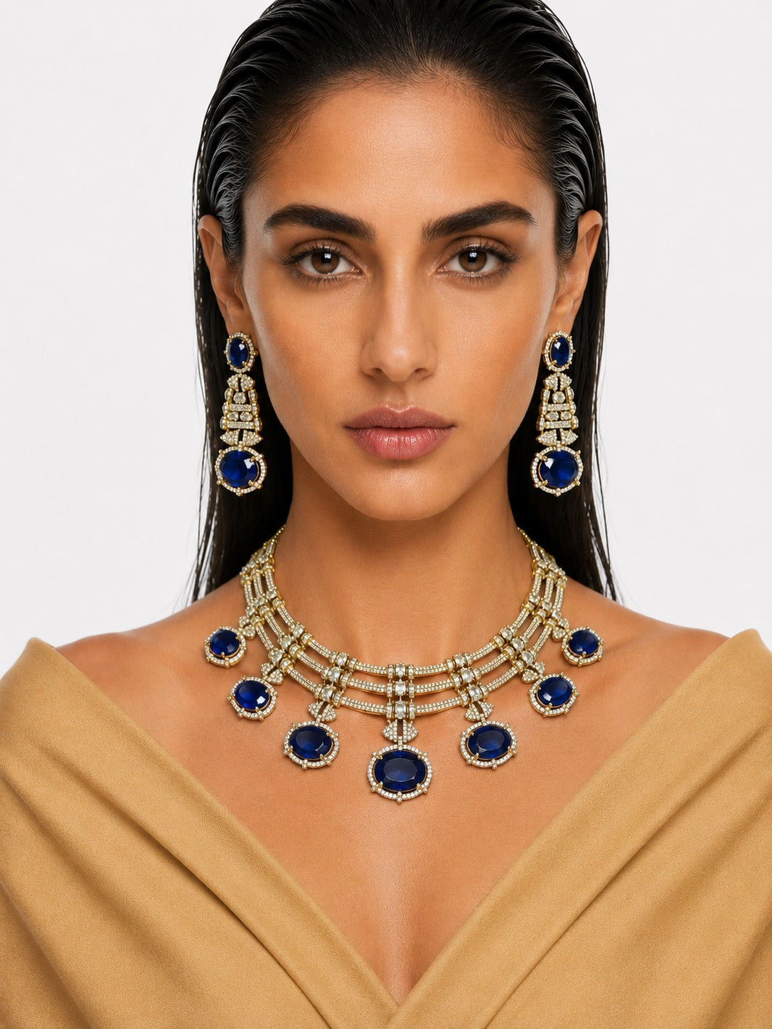 Raiha Sapphire & Moissanite with Zircon Diamond Detailing Statement Necklace Set – Necklace & Earrings