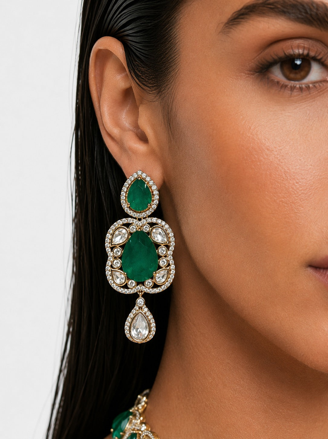 Mahveen Emerald & Moissanite Polki Kundan with Zircon Diamond Detailing Choker Set – Necklace & Earrings