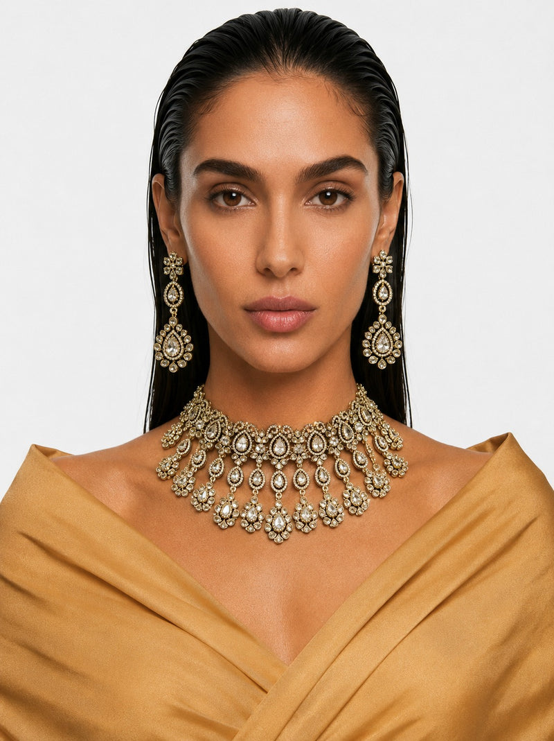 Aafiya Moissanite Polki Kundan with Zircon Diamond Detailing Statement Necklace Set – Necklace & Earrings