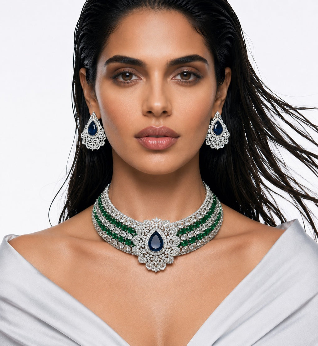 Zoya Diamond-Like Zircon with Emerald & Sapphire Statement Choker Set (Necklace & Earrings)