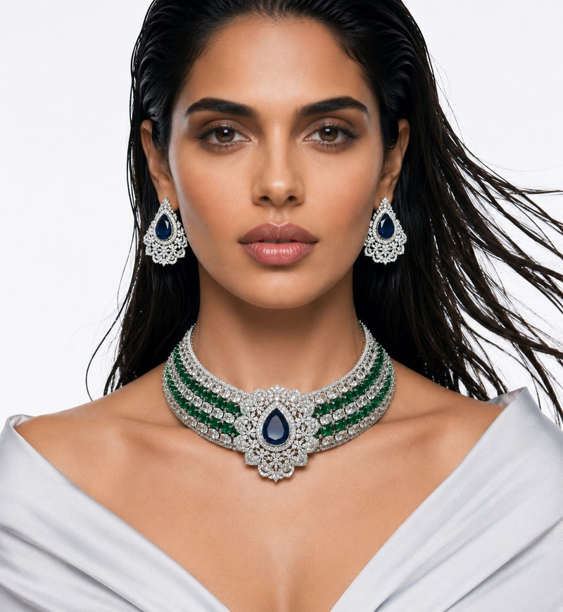 Zoya Diamond-Like Zircon with Emerald & Sapphire Statement Choker Set (Necklace & Earrings)
