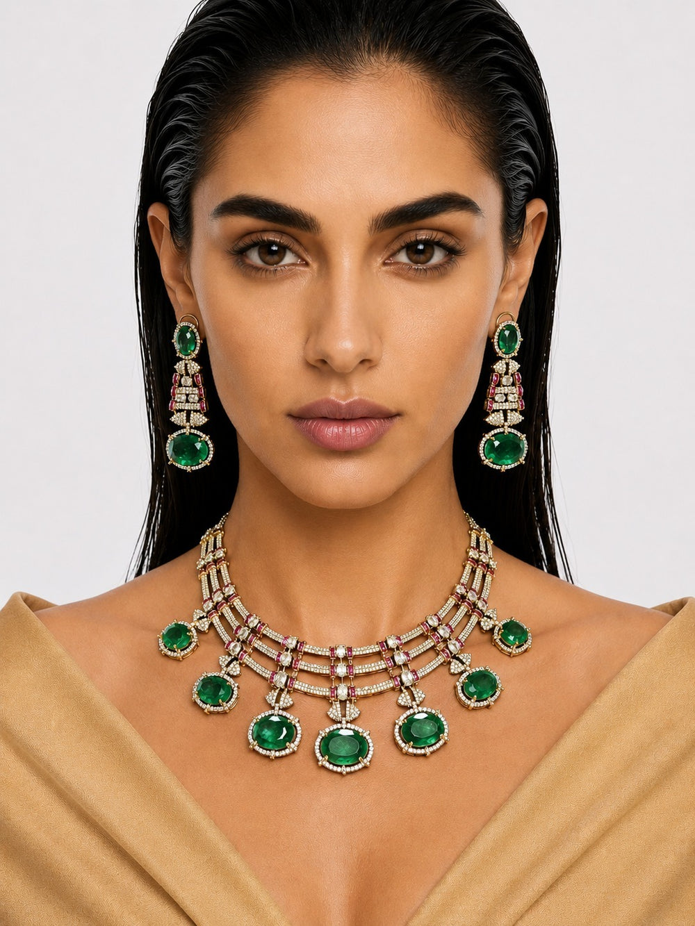 Raiha Emerald & Moissanite with Zircon Diamond Detailing Statement Necklace Set – Necklace & Earrings