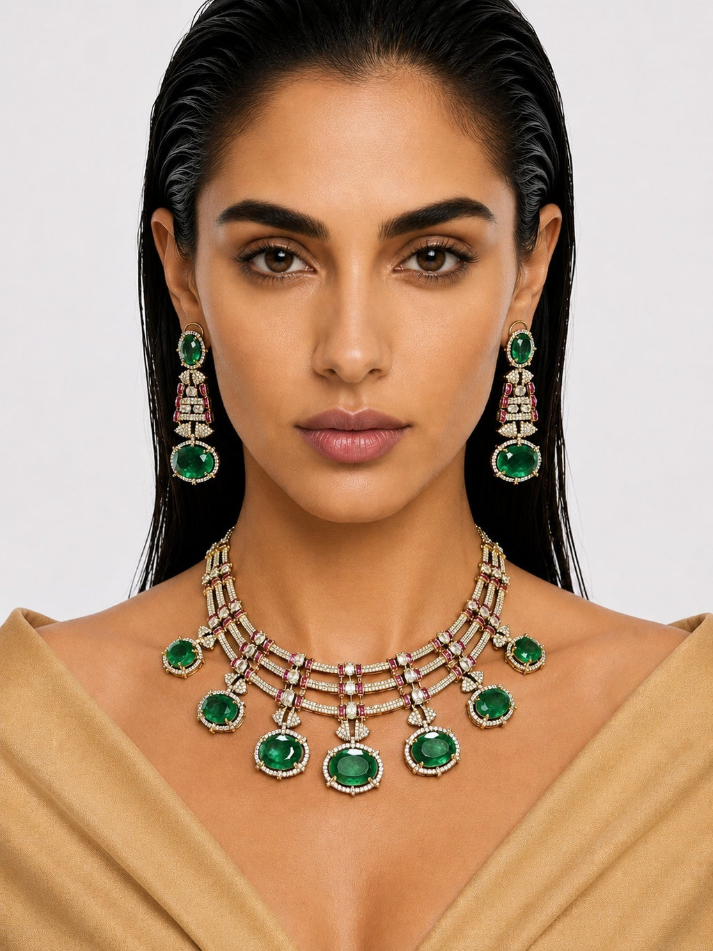 Raiha Emerald & Moissanite with Zircon Diamond Detailing Statement Necklace Set – Necklace & Earrings