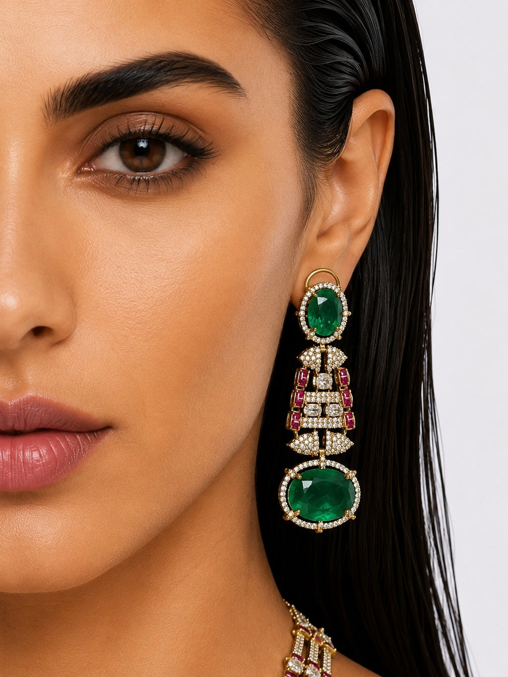 Raiha Emerald & Moissanite with Zircon Diamond Detailing Statement Necklace Set – Necklace & Earrings