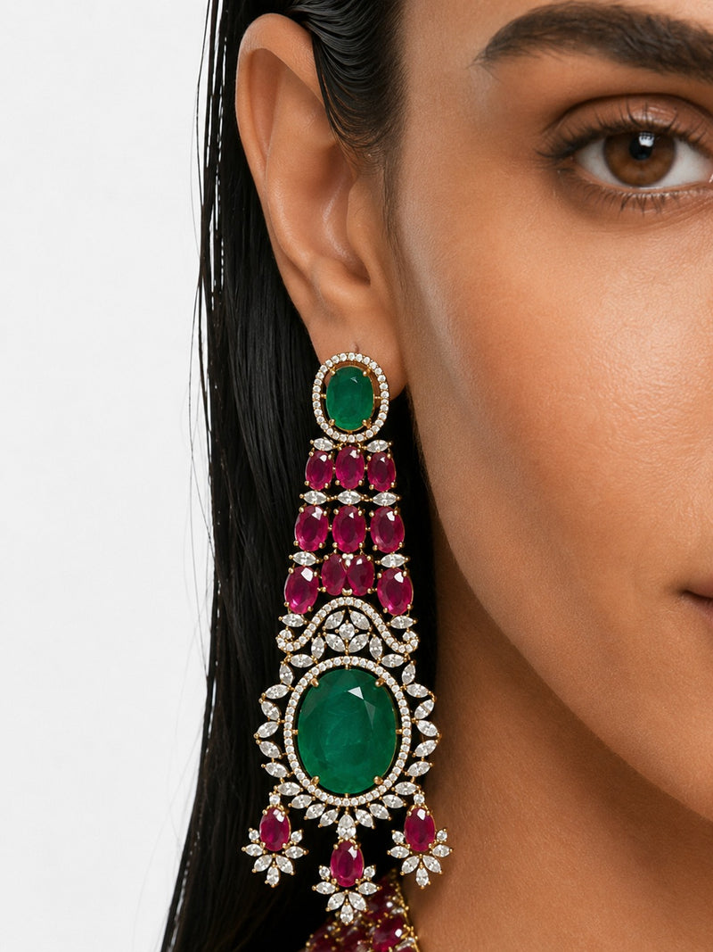 Zeenat Ruby & Emerald with Zircon Diamond Detailing Statement Necklace Set – Necklace & Earrings