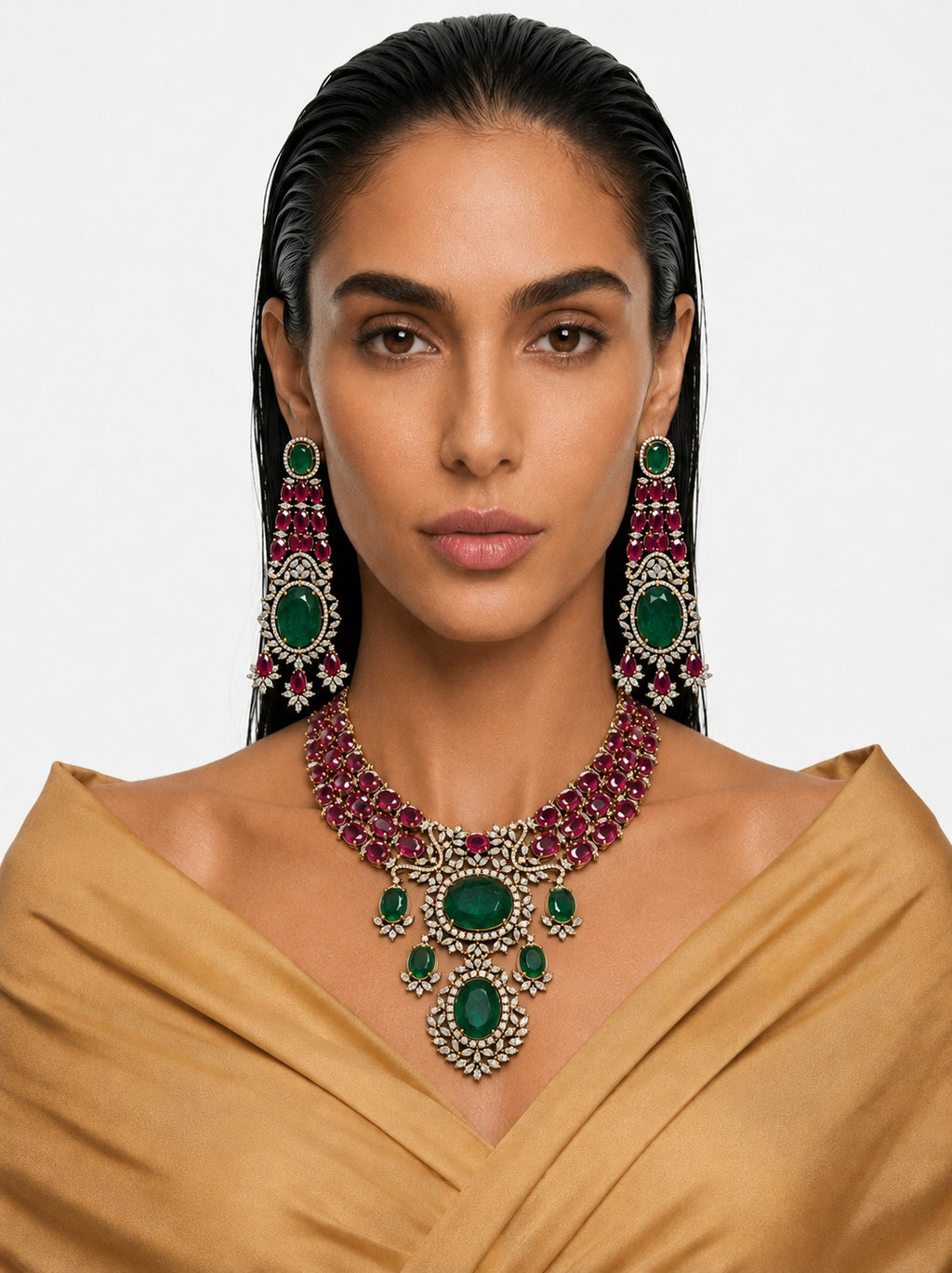 Zeenat Ruby & Emerald with Zircon Diamond Detailing Statement Necklace Set – Necklace & Earrings