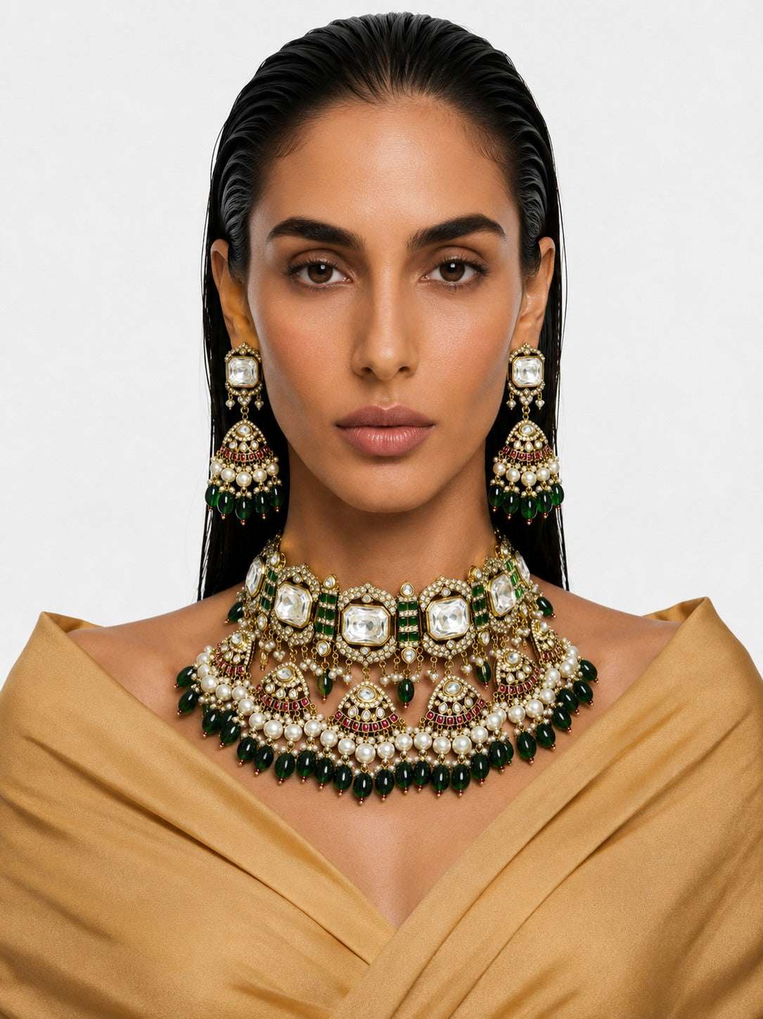 Raeesa Pearls, Emerald & Moissanite Polki Kundan with Zircon Diamond Detailing Bridal Choker Set – Necklace & Earrings