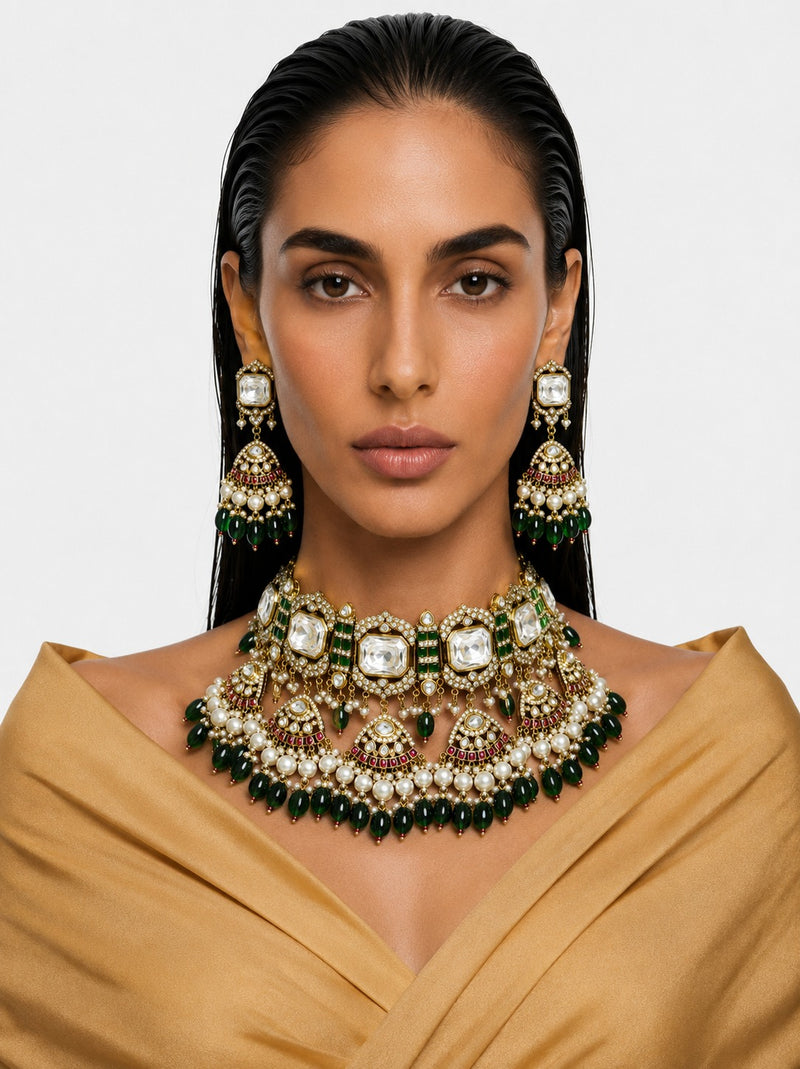 Raeesa Pearls, Emerald & Moissanite Polki Kundan with Zircon Diamond Detailing Bridal Choker Set – Necklace & Earrings