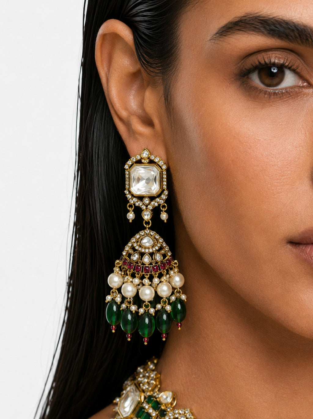 Raeesa Pearls, Emerald & Moissanite Polki Kundan with Zircon Diamond Detailing Bridal Choker Set – Necklace & Earrings