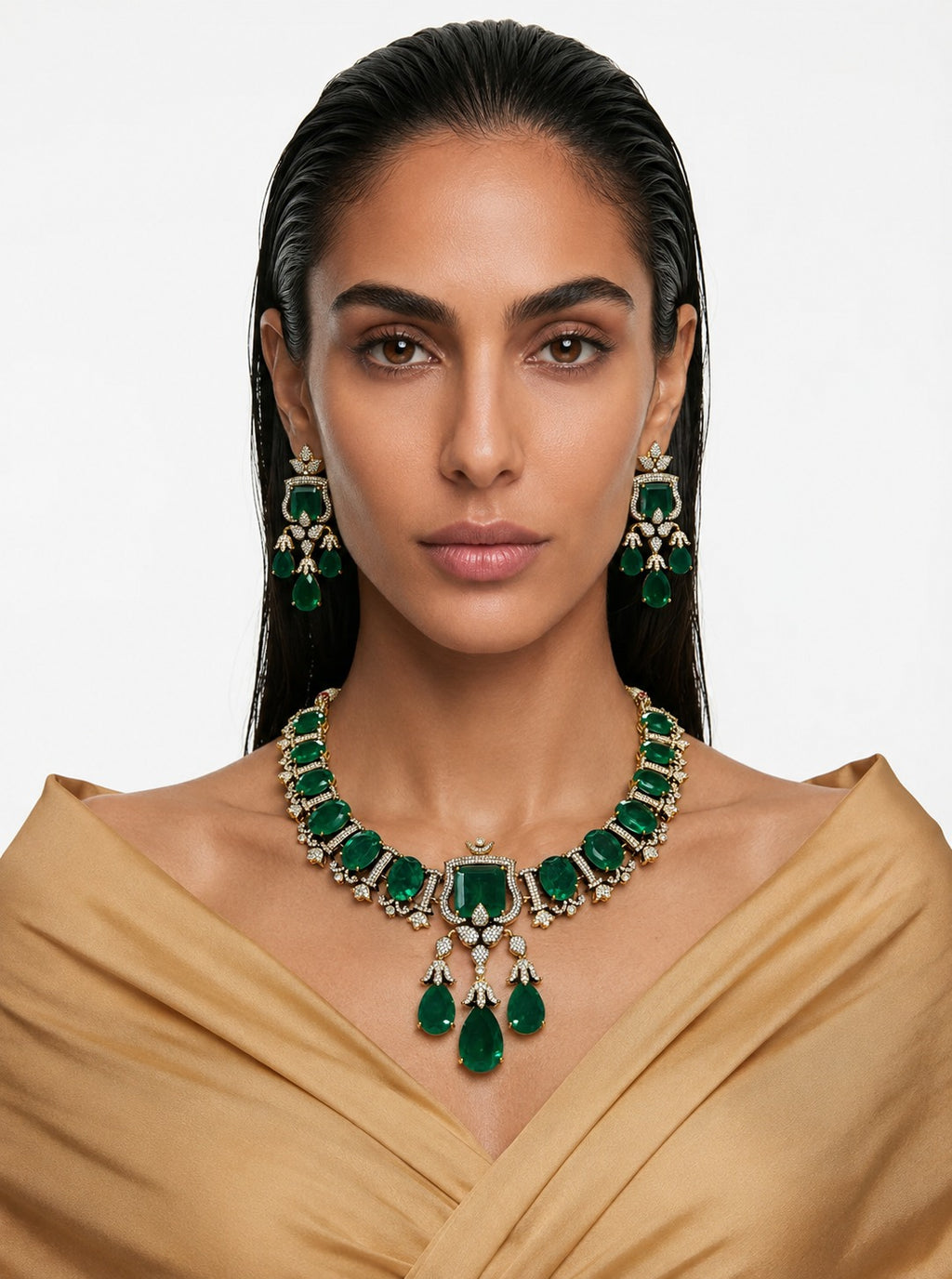 Eshal Emerald & Diamond-Like Zircon Statement Necklace Set – Necklace & Earrings