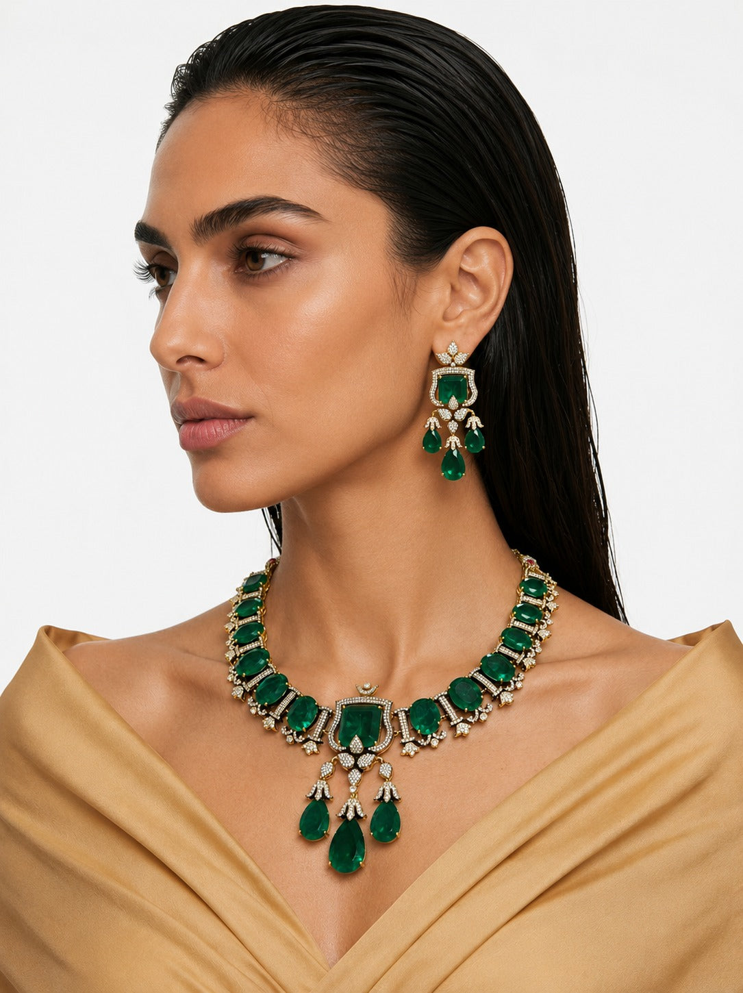 Eshal Emerald & Diamond-Like Zircon Statement Necklace Set – Necklace & Earrings
