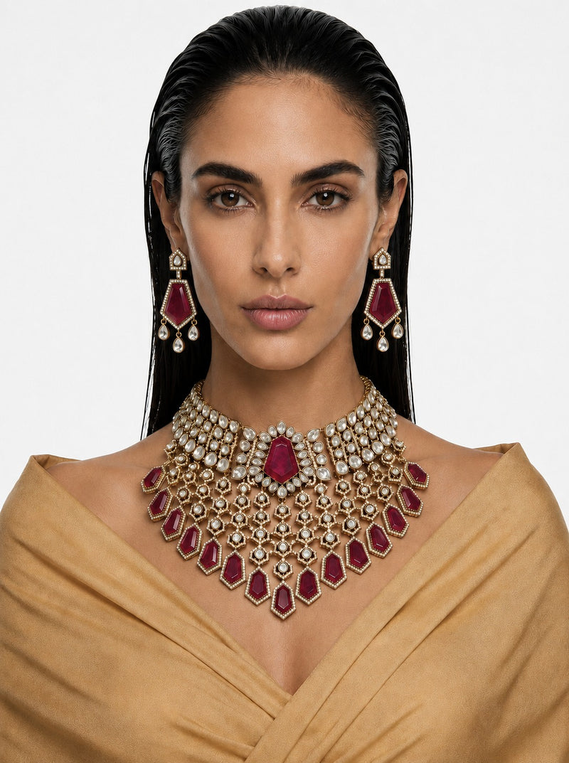 Zarmin Ruby & Moissanite Polki Kundan with Zircon Diamond Detailing Bridal Choker Set – Necklace & Earrings