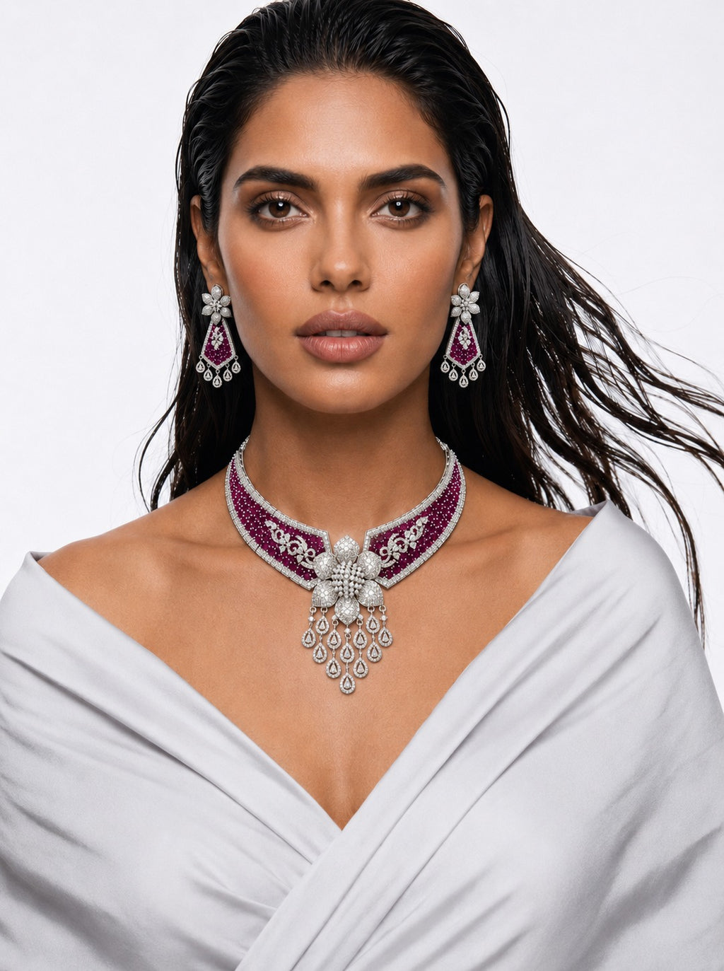 Lavina Ruby Diamond-Like Zircon with Floral Statement Necklace Set – Necklace & Earrings