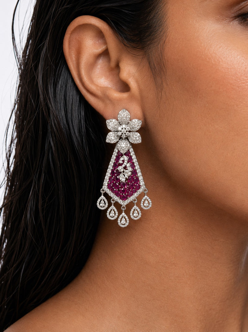 Lavina Ruby Diamond-Like Zircon with Floral Statement Necklace Set – Necklace & Earrings