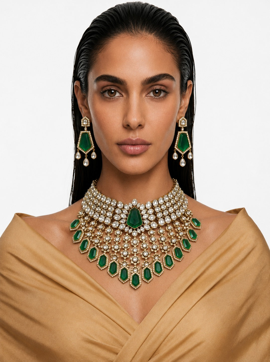 Zarmin Emerald & Moissanite Polki Kundan with Zircon Diamond Detailing Bridal Choker Set – Necklace & Earrings