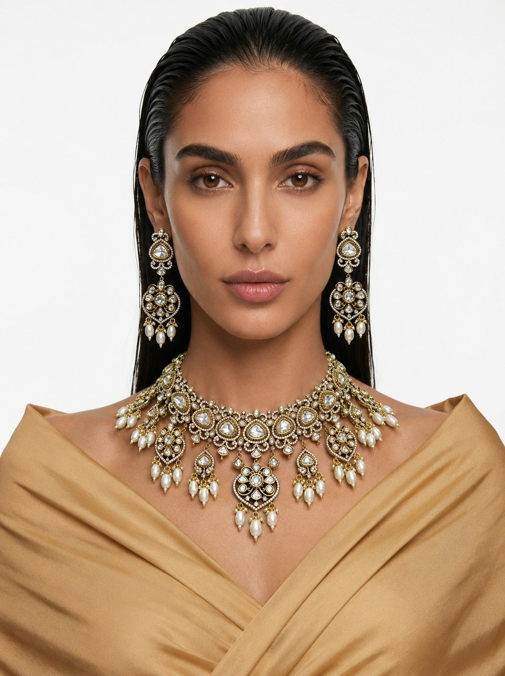 Nooriya Pearls & Moissanite Polki Kundan with Zircon Diamond Detailing Statement Necklace Set – Necklace & Earrings