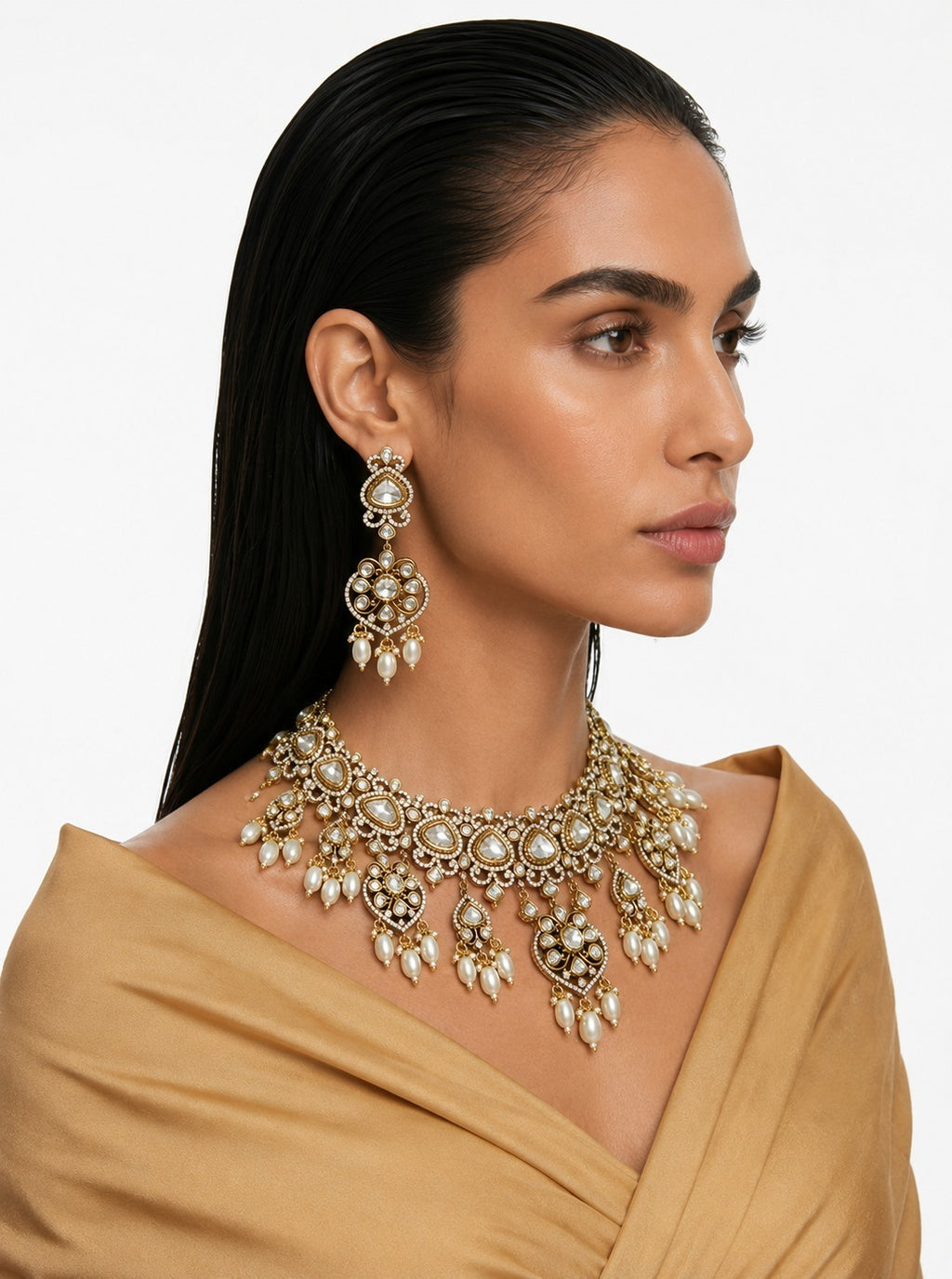 Nooriya Pearls & Moissanite Polki Kundan with Zircon Diamond Detailing Statement Necklace Set – Necklace & Earrings