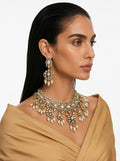 Nooriya Pearls & Moissanite Polki Kundan with Zircon Diamond Detailing Statement Necklace Set – Necklace & Earrings