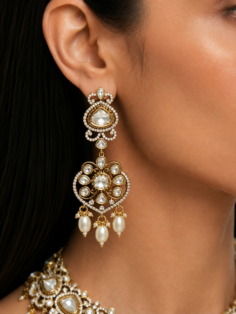 Nooriya Pearls & Moissanite Polki Kundan with Zircon Diamond Detailing Statement Necklace Set – Necklace & Earrings