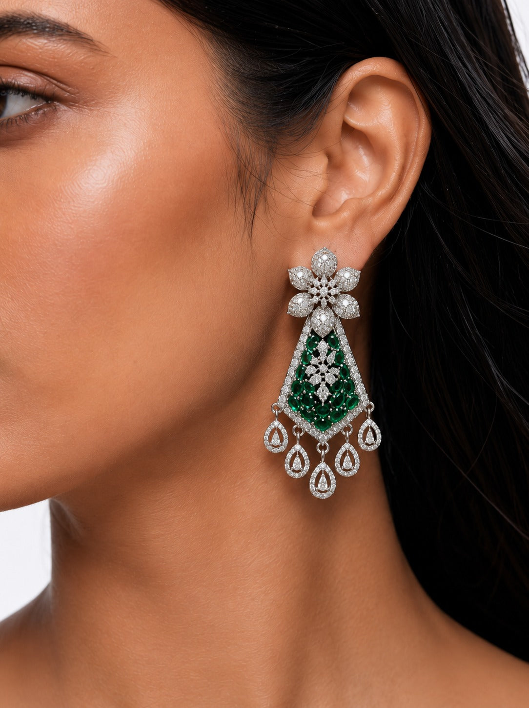 Lavina Emerald Diamond-Like Zircon with Floral Statement Necklace Set – Necklace & Earrings