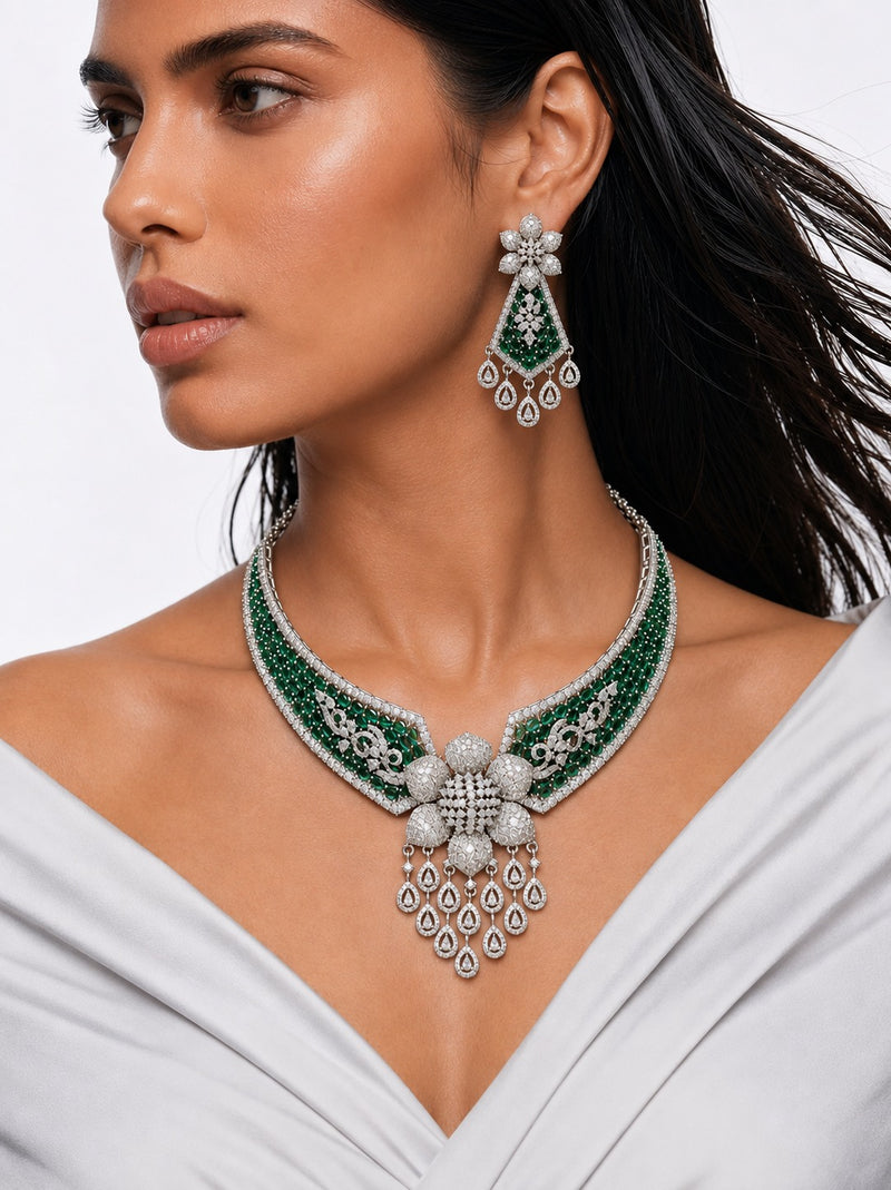 Lavina Emerald Diamond-Like Zircon with Floral Statement Necklace Set – Necklace & Earrings