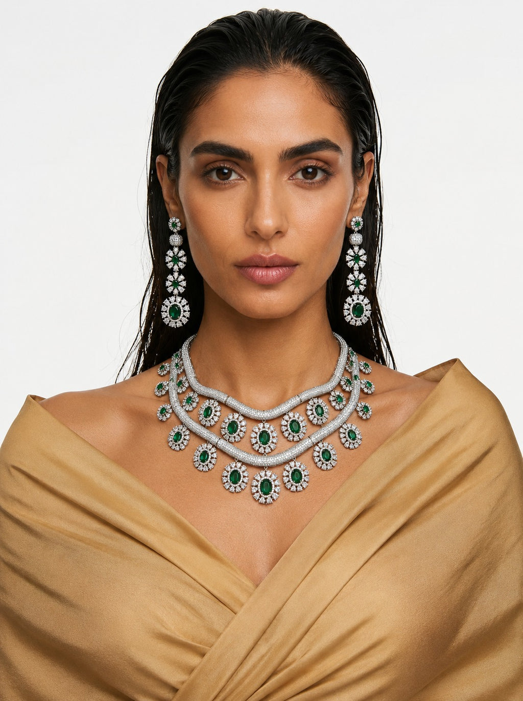 Areeba Emerald Diamond-Like Zircon with Floral Halo Statement Necklace Set – Necklace & Earrings