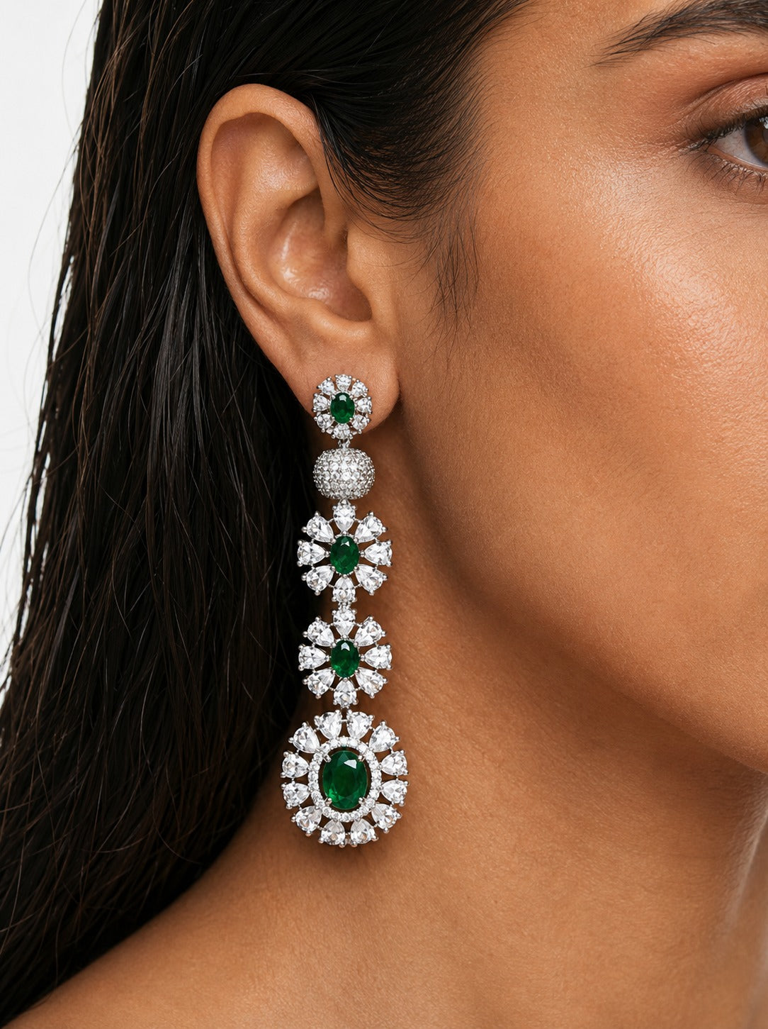 Areeba Emerald Diamond-Like Zircon with Floral Halo Statement Necklace Set – Necklace & Earrings
