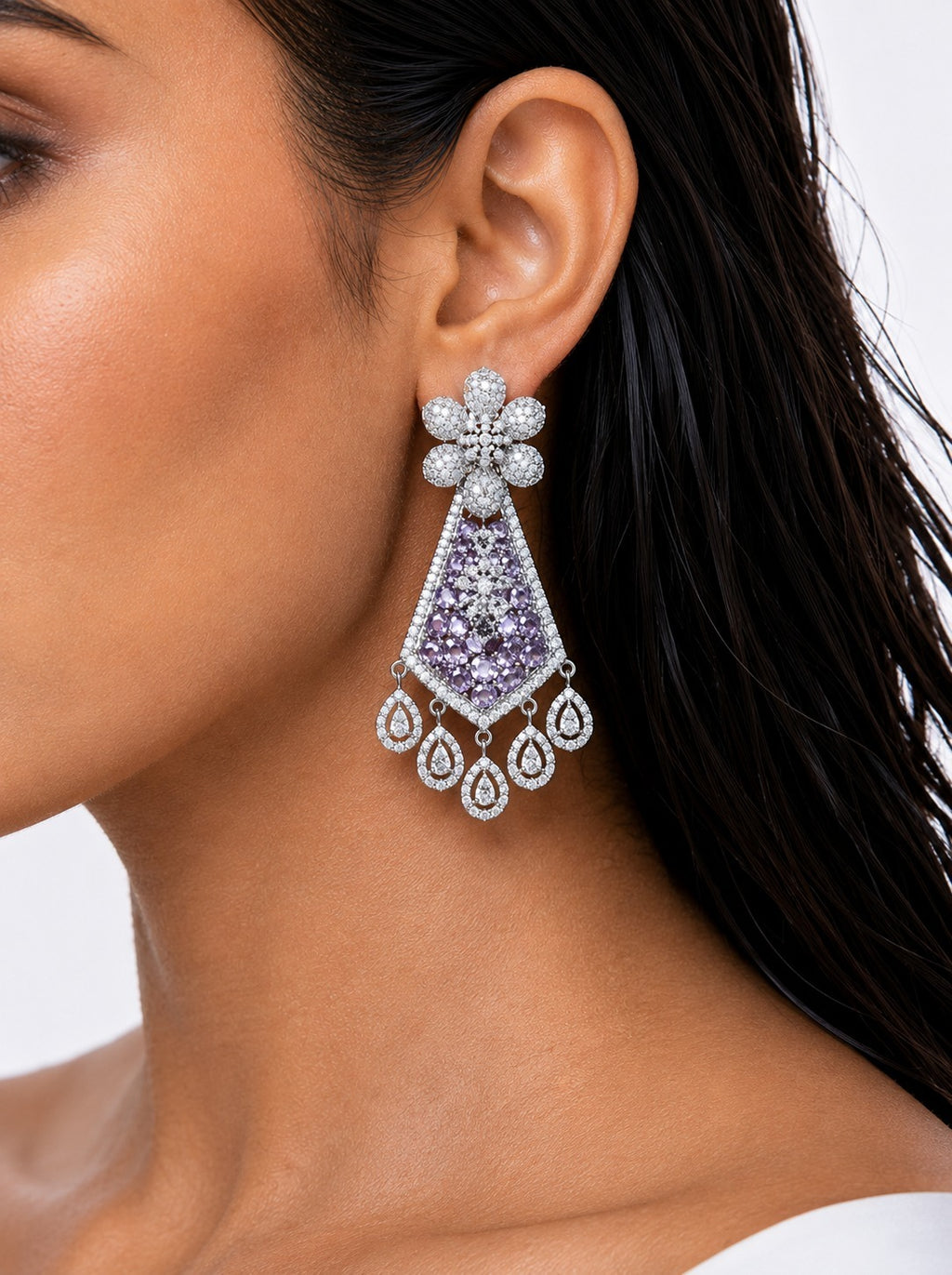 Lavina Lavender Diamond-Like Zircon with Floral Statement Necklace Set – Necklace & Earrings