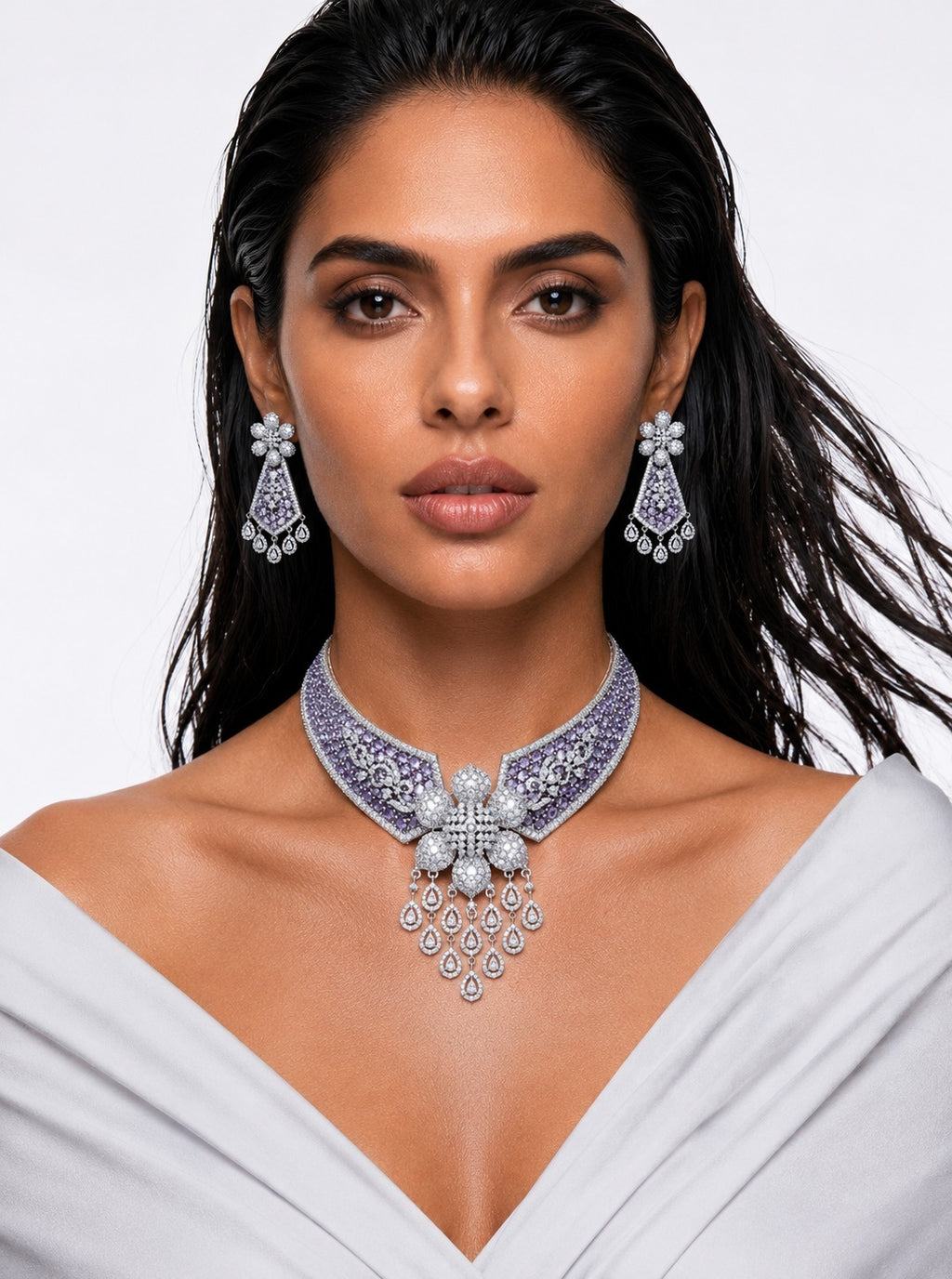 Lavina Lavender Diamond-Like Zircon with Floral Statement Necklace Set – Necklace & Earrings