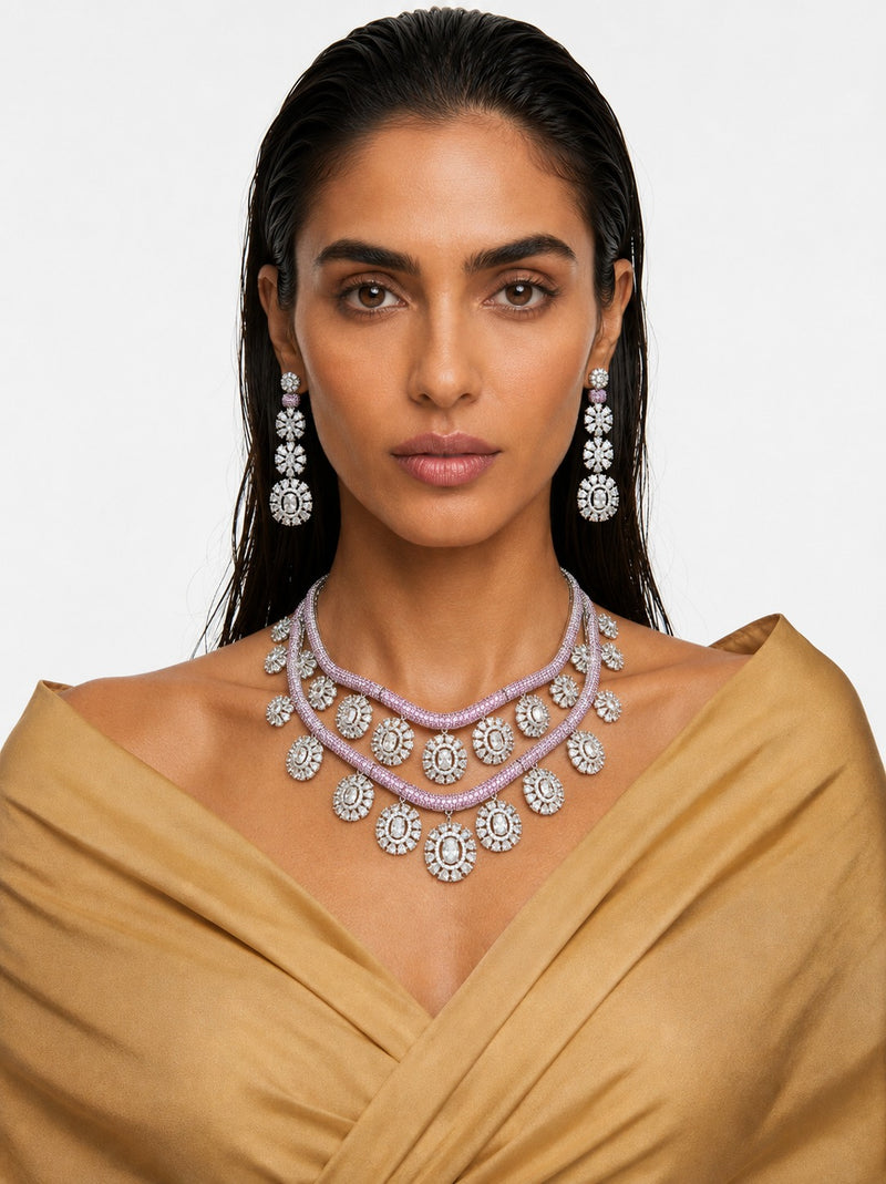 Areeba Pink Diamond-Like Zircon with Floral Halo Statement Necklace Set – Necklace & Earrings