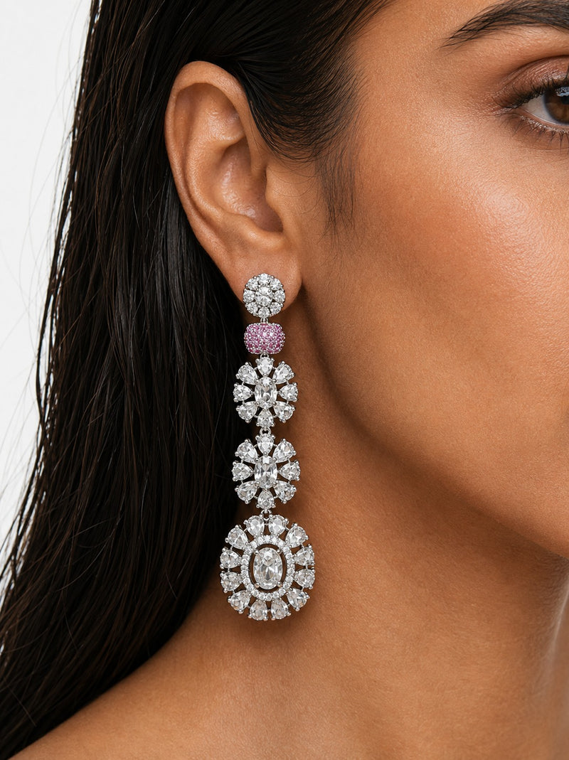 Areeba Pink Diamond-Like Zircon with Floral Halo Statement Necklace Set – Necklace & Earrings