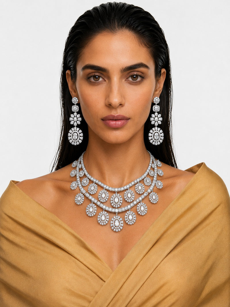Areeba Diamond-Like Zircon with Floral Halo Statement Necklace Set – Necklace & Earrings