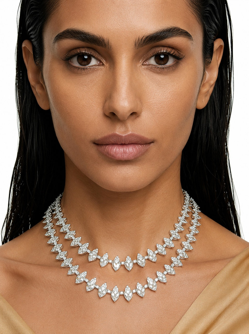Rida Diamond-Like Zircon Double Layer Marquise Statement Necklace Set – Necklace & Earrings