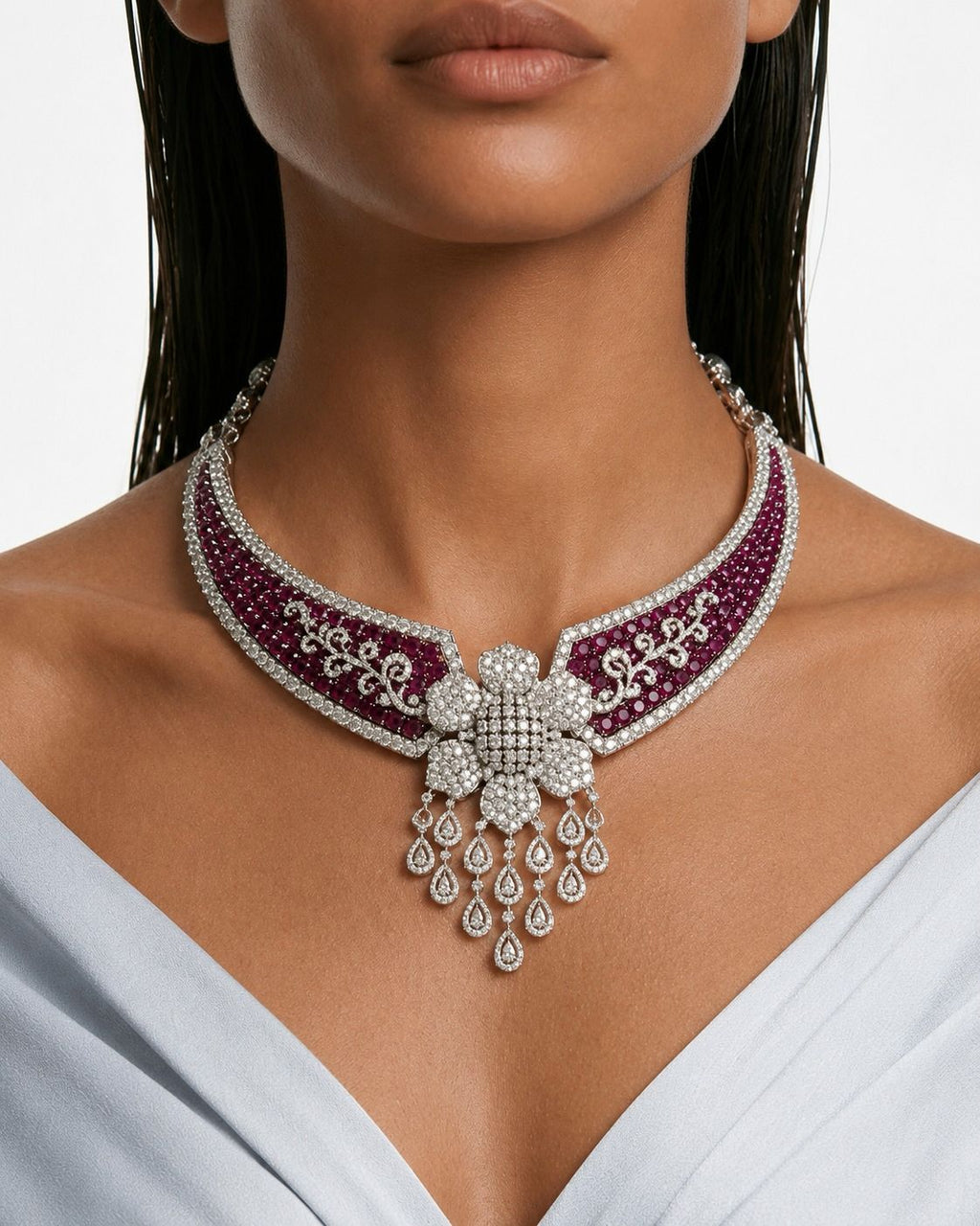 Lavina Ruby Diamond-Like Zircon with Floral Statement Necklace Set – Necklace & Earrings