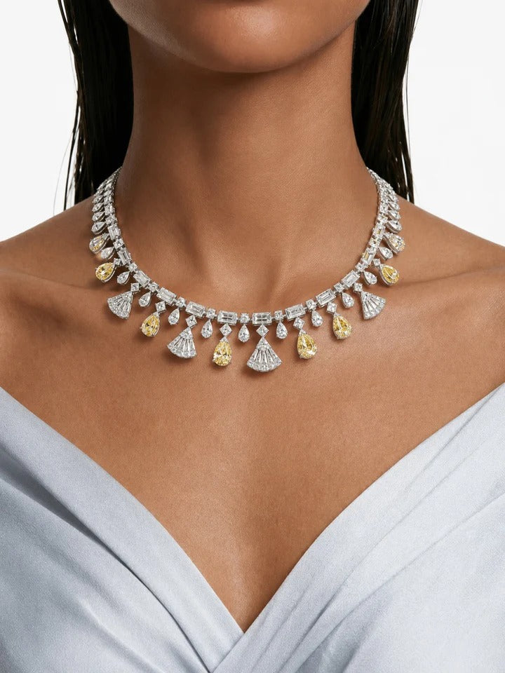 Maharani Azure Citrine Droplets Diamond-Like Zircon Statement Pendant Necklace Set & Vivienne Fan Citrine Drop & Diamond-Like Zircon Statement Necklace Set (2 Necklace & 2 Earrings)