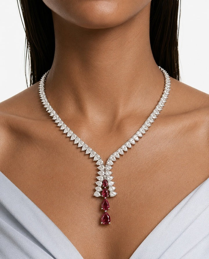 Maharani Azure Ruby Droplets Diamond-Like Zircon Statement Pendant Necklace Set & Solara Ruby Diamond-Like Zircon Necklace Set (2 Necklace & 2 Earrings)